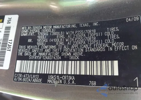 2010 Toyota Tundra Grade 5.7L V8 z USA, uszkodzony, nr VIN 5TFRY5F12AX074204